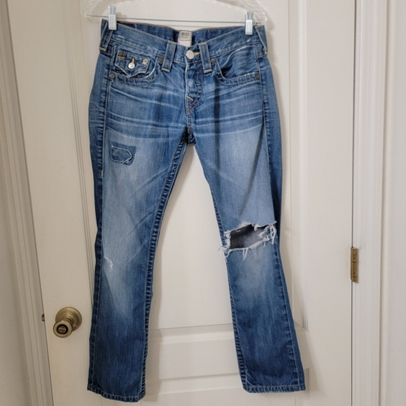 True Religion Size 25 Blue Jordan Y2K Flap Pocket Distressed/Destroyed Jeans - Picture 1 of 15